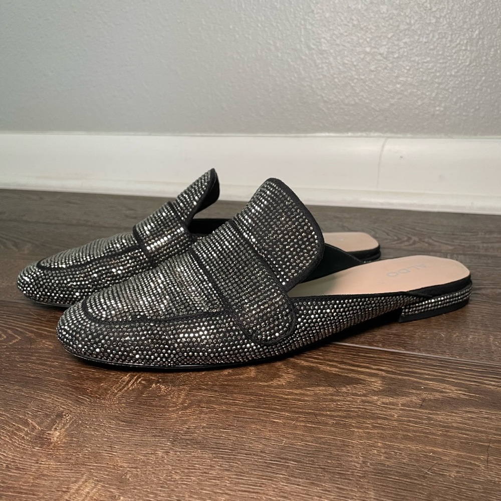 Aldo Black and Silver Jeweled Mules Size 8